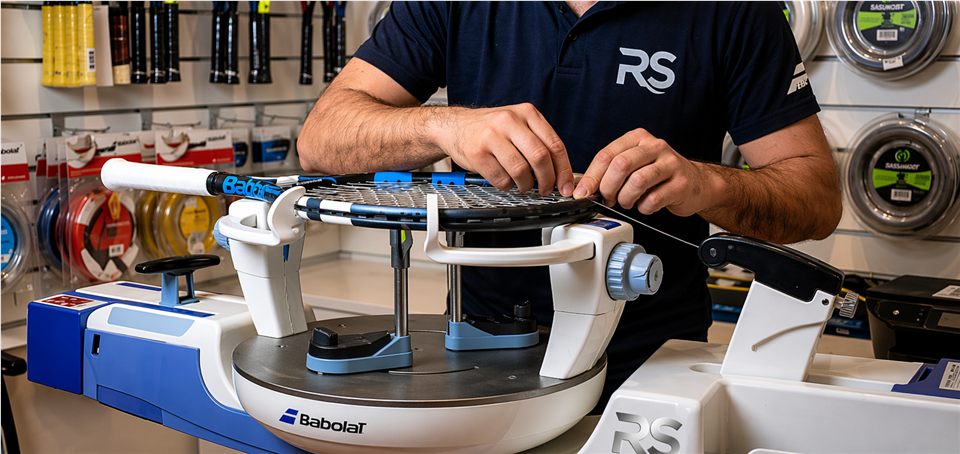 Racketsträngning på en professionell Babolat Star 5-maskin