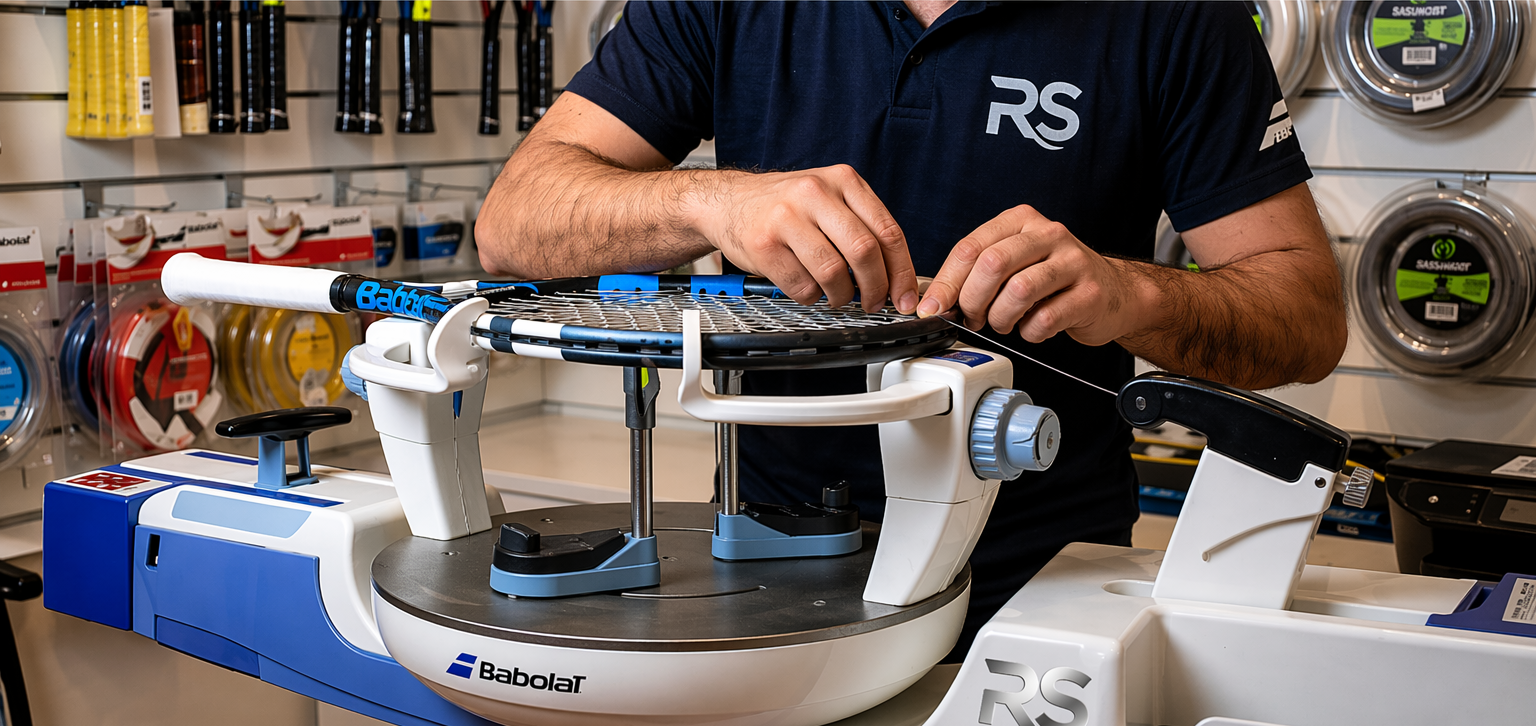 Professionell racketsträngning på Babolat Star 5 maskin